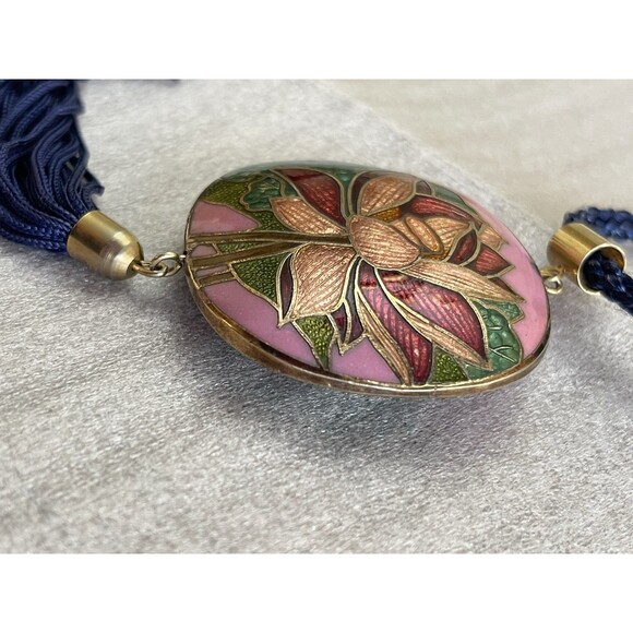 Vintage Cloisonné Pendant Necklace 1.75" w/ Tassel on 30" Navy Cord Boho - Picture 4 of 8
